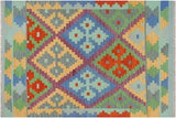 Flat Weave Kilim, Antique, Navaho, Vintage, Handmade, Geometric Kilim Blue Rust Hand-Woven Rectangle 100% Wool Area Rug 3 x 5