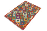 Flat Weave Kilim, Antique, Navaho, Vintage, Handmade, Geometric Kilim Rust Beige Hand-Woven Rectangle 100% Wool Area Rug 3 x 5