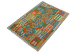 Flat Weave Kilim, Antique, Navaho, Vintage, Handmade, Geometric Kilim Gold Blue Hand-Woven Rectangle 100% Wool Area Rug 3 x 5