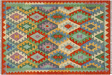 Flat Weave Kilim, Antique, Navaho, Vintage, Handmade, Geometric Kilim Blue Rust Hand-Woven Rectangle 100% Wool Area Rug 3 x 5