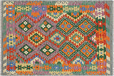 Flat Weave Kilim, Antique, Navaho, Vintage, Handmade, Geometric Kilim Gray Rust Hand-Woven Rectangle 100% Wool Area Rug 3 x 5