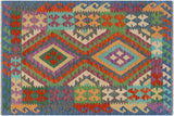 Flat Weave Kilim, Antique, Navaho, Vintage, Handmade, Geometric Kilim Rust Blue Hand-Woven Rectangle 100% Wool Area Rug 3 x 5