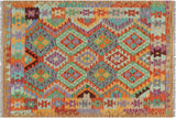 Flat Weave Kilim, Antique, Navaho, Vintage, Handmade, Geometric Kilim Rust Brown Hand-Woven Rectangle 100% Wool Area Rug 3 x 5