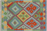 Flat Weave Kilim, Antique, Navaho, Vintage, Handmade, Geometric Kilim Blue Rust Hand-Woven Rectangle 100% Wool Area Rug 3 x 5