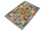 Flat Weave Kilim, Antique, Navaho, Vintage, Handmade, Geometric Kilim Rust Blue Hand-Woven Rectangle 100% Wool Area Rug 3 x 5