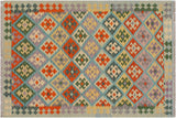 Flat Weave Kilim, Antique, Navaho, Vintage, Handmade, Geometric Kilim Blue Rust Hand-Woven Rectangle 100% Wool Area Rug 4 x 6