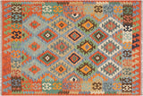 Flat Weave Kilim, Antique, Navaho, Vintage, Handmade, Geometric Kilim Blue Rust Hand-Woven Rectangle 100% Wool Area Rug 4 x 6
