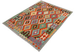 Flat Weave Kilim, Antique, Navaho, Vintage, Handmade, Geometric Kilim Rust Gray Hand-Woven Rectangle 100% Wool Area Rug 4 x 6