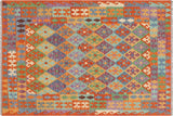 Flat Weave Kilim, Antique, Navaho, Vintage, Handmade, Geometric Kilim Blue Rust Hand-Woven Rectangle 100% Wool Area Rug 5 x 6