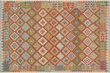 Flat Weave Kilim, Antique, Navaho, Vintage, Handmade, Geometric Kilim Rust Beige Hand-Woven Rectangle 100% Wool Area Rug 6 x 8