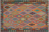 Flat Weave Kilim, Antique, Navaho, Vintage, Handmade, Geometric Kilim Rust Green Hand-Woven Rectangle 100% Wool Area Rug 5 x 6