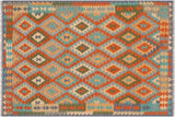 Flat Weave Kilim, Antique, Navaho, Vintage, Handmade, Geometric Kilim Rust Blue Hand-Woven Rectangle 100% Wool Area Rug 5 x 7