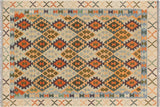 Flat Weave Kilim, Antique, Navaho, Vintage, Handmade, Geometric Kilim Blue Beige Hand-Woven Rectangle 100% Wool Area Rug 5 x 7