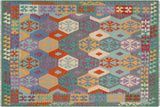 Flat Weave Kilim, Antique, Navaho, Vintage, Handmade, Geometric Kilim Gray Green Hand-Woven Rectangle 100% Wool Area Rug 6 x 8