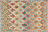 Flat Weave Kilim, Antique, Navaho, Vintage, Handmade, Geometric Kilim Rust Blue Hand-Woven Rectangle 100% Wool Area Rug 5 x 7