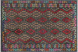 Flat Weave Kilim, Antique, Navaho, Vintage, Handmade, Geometric Kilim Red Green Hand-Woven Rectangle 100% Wool Area Rug 5 x 7