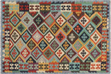 Flat Weave Kilim, Antique, Navaho, Vintage, Handmade, Geometric Kilim Rust Blue Hand-Woven Rectangle 100% Wool Area Rug 5 x 7
