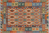 Flat Weave Kilim, Antique, Navaho, Vintage, Handmade, Geometric Kilim Rust Blue Hand-Woven Rectangle 100% Wool Area Rug 5 x 7
