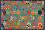 Flat Weave Kilim, Antique, Navaho, Vintage, Handmade, Geometric Kilim Green Blue Hand-Woven Rectangle 100% Wool Area Rug 6 x 8