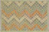 Flat Weave Kilim, Antique, Navaho, Vintage, Handmade, Modern Kilim Green Blue Hand-Woven Rectangle 100% Wool Area Rug 4 x 6