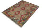 Flat Weave Kilim, Antique, Navaho, Vintage, Handmade, Geometric Kilim Red Green Hand-Woven Rectangle 100% Wool Area Rug 4 x 5