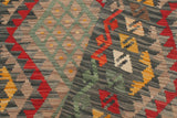 Flat Weave Kilim, Antique, Navaho, Vintage, Handmade, Geometric Kilim Red Green Hand-Woven Rectangle 100% Wool Area Rug 4 x 5
