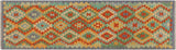 Flat Weave Kilim, Antique, Navaho, Vintage, Handmade, Geometric Kilim Rust Blue Hand-Woven Runner 100% Wool Area Rug 2 x 6