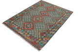 Flat Weave Kilim, Antique, Navaho, Vintage, Handmade, Geometric Kilim Green Red Hand-Woven Rectangle 100% Wool Area Rug 4 x 6