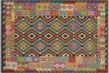 Flat Weave Kilim, Antique, Navaho, Vintage, Handmade, Geometric Kilim Blue Gold Hand-Woven Rectangle 100% Wool Area Rug 6 x 8