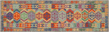 Flat Weave Kilim, Antique, Navaho, Vintage, Handmade, Geometric Kilim Blue Gray Hand-Woven Runner 100% Wool Area Rug 3 x 10