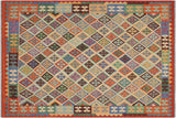 Flat Weave Kilim, Antique, Navaho, Vintage, Handmade, Geometric Kilim Beige Rust Hand-Woven Rectangle 100% Wool Area Rug 6 x 8