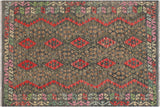 Flat Weave Kilim, Antique, Navaho, Vintage, Handmade, Geometric Kilim Green Red Hand-Woven Rectangle 100% Wool Area Rug 5 x 7