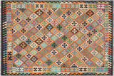 Flat Weave Kilim, Antique, Navaho, Vintage, Handmade, Geometric Kilim Rust Brown Hand-Woven Rectangle 100% Wool Area Rug 7 x 10