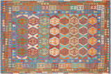 Flat Weave Kilim, Antique, Navaho, Vintage, Handmade, Geometric Kilim Red Blue Hand-Woven Rectangle 100% Wool Area Rug 7 x 10