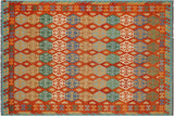 Flat Weave Kilim, Antique, Navaho, Vintage, Handmade, Geometric Kilim Rust Blue Hand-Woven Rectangle 100% Wool Area Rug 9 x 10