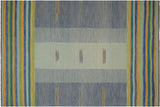 Flat Weave Kilim, Antique, Navaho, Vintage, Handmade, Modern Kilim Blue Gold Hand-Woven Rectangle 100% Wool Area Rug 9 x 11