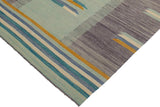 Flat Weave Kilim, Antique, Navaho, Vintage, Handmade, Modern Kilim Blue Gold Hand-Woven Rectangle 100% Wool Area Rug 7 x 10