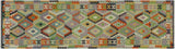 Flat Weave Kilim, Antique, Navaho, Vintage, Handmade, Geometric Kilim Blue Gold Hand-Woven Runner 100% Wool Area Rug 3 x 10