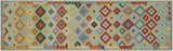 Flat Weave Kilim, Antique, Navaho, Vintage, Handmade, Geometric Kilim Blue Rust Hand-Woven Runner 100% Wool Area Rug 3 x 10