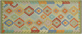 Flat Weave Kilim, Antique, Navaho, Vintage, Handmade, Geometric Kilim Blue Green Hand-Woven Runner 100% Wool Area Rug 3 x 7