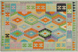 Flat Weave Kilim, Antique, Navaho, Vintage, Handmade, Geometric Kilim Blue Orange Hand-Woven Rectangle 100% Wool Area Rug 4 x 6