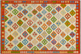 Flat Weave Kilim, Antique, Navaho, Vintage, Handmade, Geometric Kilim Beige Rust Hand-Woven Rectangle 100% Wool Area Rug 5 x 7