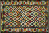 Flat Weave Kilim, Antique, Navaho, Vintage, Handmade, Geometric Kilim Charcoal Rust Hand-Woven Rectangle 100% Wool Area Rug 7 x 10