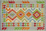 Flat Weave Kilim, Antique, Navaho, Vintage, Handmade, Geometric Kilim Beige Blue Hand-Woven Rectangle 100% Wool Area Rug 3 x 5
