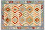 Flat Weave Kilim, Antique, Navaho, Vintage, Handmade, Geometric Kilim Beige Blue Hand-Woven Rectangle 100% Wool Area Rug 3 x 5