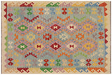 Flat Weave Kilim, Antique, Navaho, Vintage, Handmade, Geometric Kilim Blue Beige Hand-Woven Rectangle 100% Wool Area Rug 4 x 6