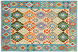 Flat Weave Kilim, Antique, Navaho, Vintage, Handmade, Geometric Kilim Beige Blue Hand-Woven Rectangle 100% Wool Area Rug 5 x 7