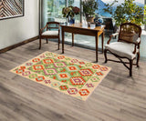 Flat Weave Kilim, Antique, Navaho, Vintage, Handmade, Geometric Kilim Green Beige Hand-Woven Rectangle 100% Wool Area Rug 3 x 5