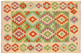 Flat Weave Kilim, Antique, Navaho, Vintage, Handmade, Geometric Kilim Green Beige Hand-Woven Rectangle 100% Wool Area Rug 3 x 5