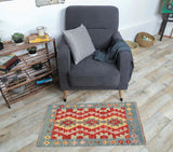 Flat Weave Kilim, Antique, Navaho, Vintage, Handmade, Geometric Kilim Red Blue Hand-Woven Rectangle 100% Wool Area Rug 2 x 2